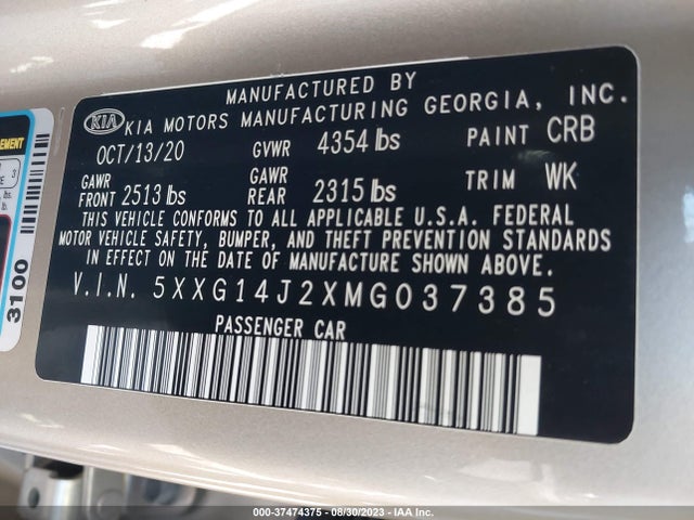 KIA K5 LXS 2021 5XXG14J2XMG037385 Image 9