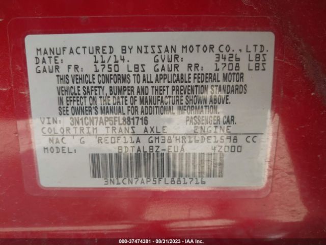 3N1CN7AP5FL881716 Nissan VERSA SV