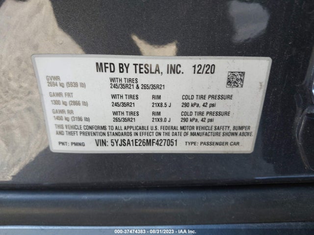 Tesla Model S Long Range 2021 5YJSA1E26MF427051 Image 9