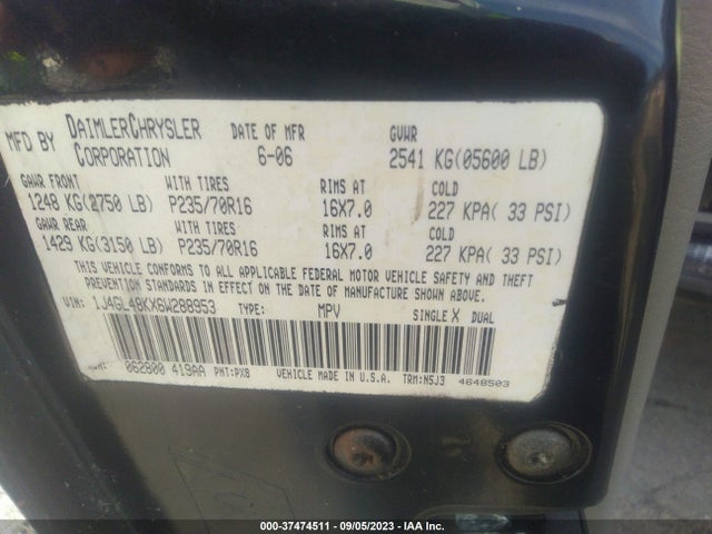 2006 JEEP LIBERTY SPORT VIN: 1J4GL48KX6W288953