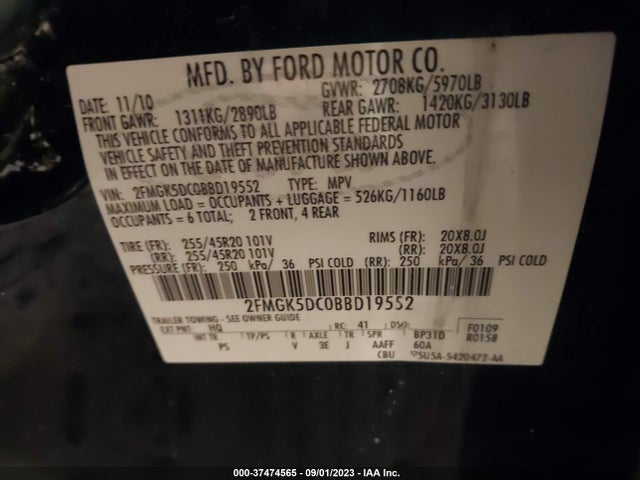 2011 FORD FLEX LIMITED VIN: 2FMGK5DC0BBD19552