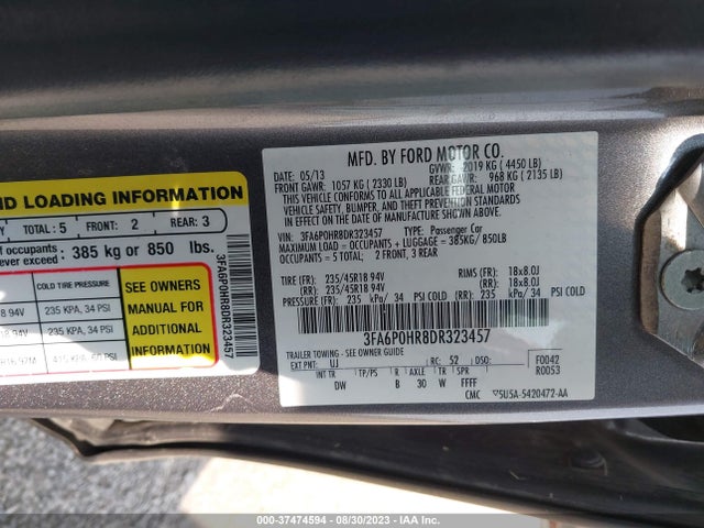 2013 FORD FUSION SE VIN: 3FA6P0HR8DR323457