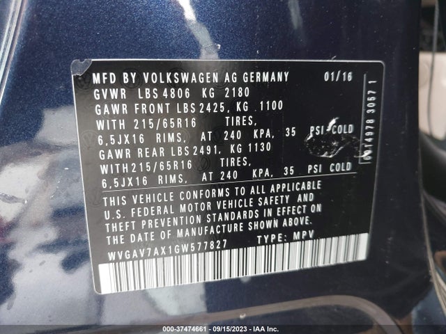 WVGAV7AX1GW577827 Volkswagen TIGUAN S