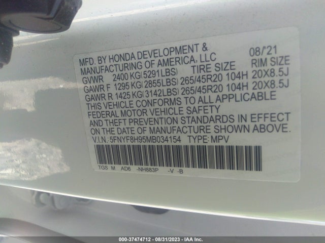 Honda Passport Awd Touring 2021 5FNYF8H95MB034154 Image 9