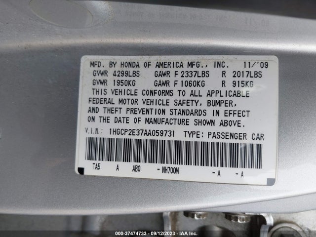 2010 HONDA ACCORD SDN LX VIN: 1HGCP2E37AA059731