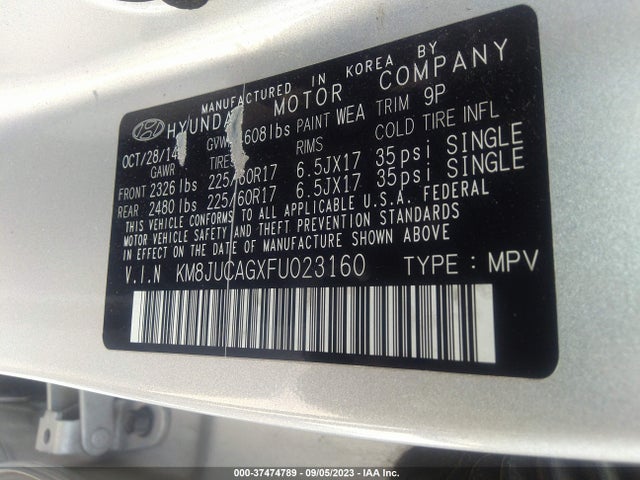 Hyundai TUCSON SE 2015 KM8JUCAGXFU023160 Image 9