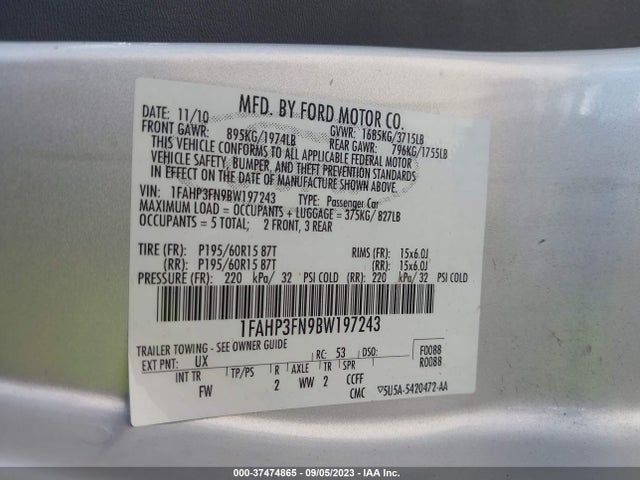2011 FORD FOCUS SE VIN: 1FAHP3FN9BW197243