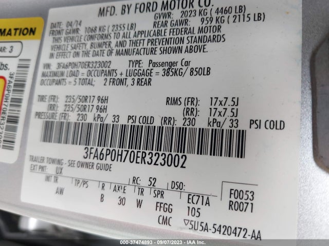 Ford FUSION SE 2014 3FA6P0H70ER323002 Image 9