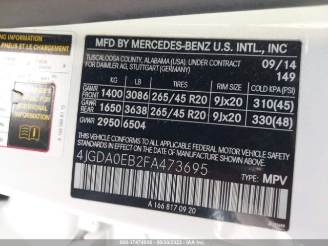 4JGDA0EB2FA473695 Mercedes-Benz M-class Ml 250 Bluetec