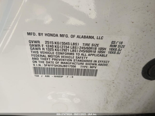 Honda Pilot Ex 2018 5FNYF5H39JB017556 Image 9