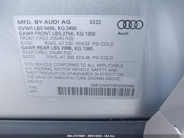 WA1EAAFY9N2083486 Audi Q5 Premium Plus 45 Tfsi S Line Quattro S Tronic