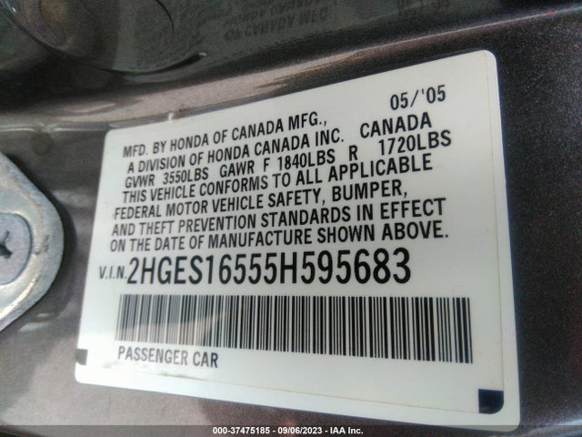 2005 HONDA CIVIC SDN LX VIN: 2HGES16555H595683