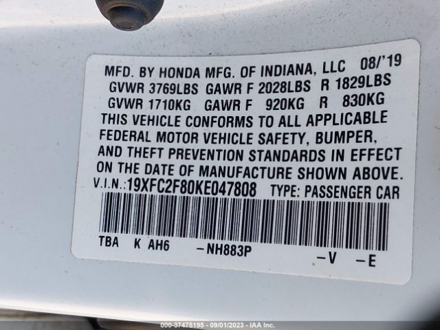 19XFC2F80KE047808 Honda Civic Sedan Sport