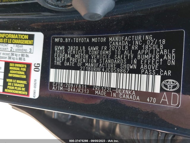 2018 TOYOTA COROLLA L/LE/XLE/SE/XSE VIN: 2T1BURHE4JC059867