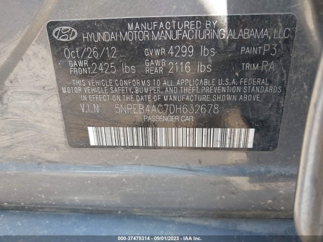 2013 HYUNDAI SONATA GLS VIN: 5NPEB4AC7DH632678