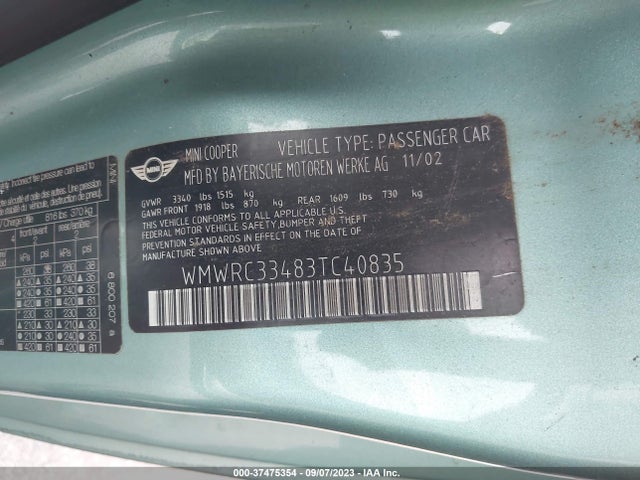 2003 MINI COOPER HARDTOP WMWRC33483TC40835 Photo 8