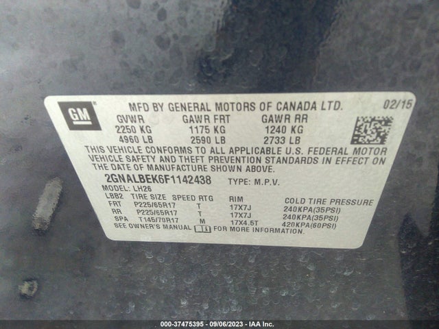 Chevrolet EQUINOX LT 2015 2GNALBEK6F1142438 Image 9