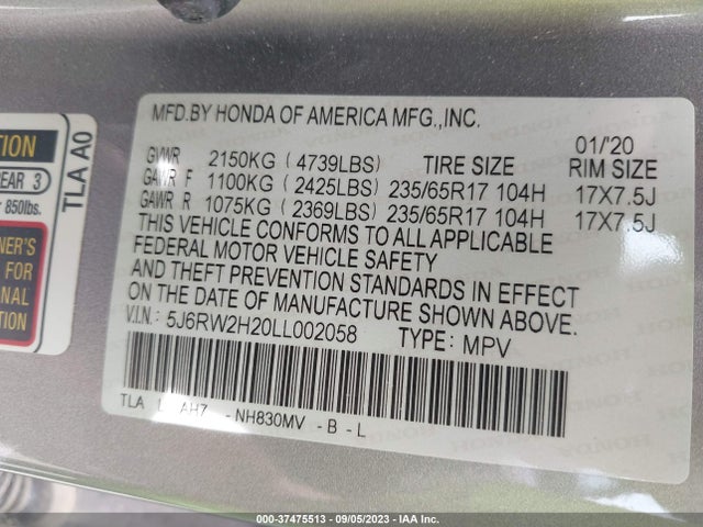 2020 HONDA CR-V LX VIN: 5J6RW2H20LL002058