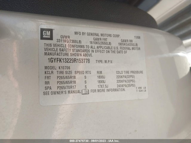 2009 CADILLAC ESCALADE VIN: 1GYFK13229R153778