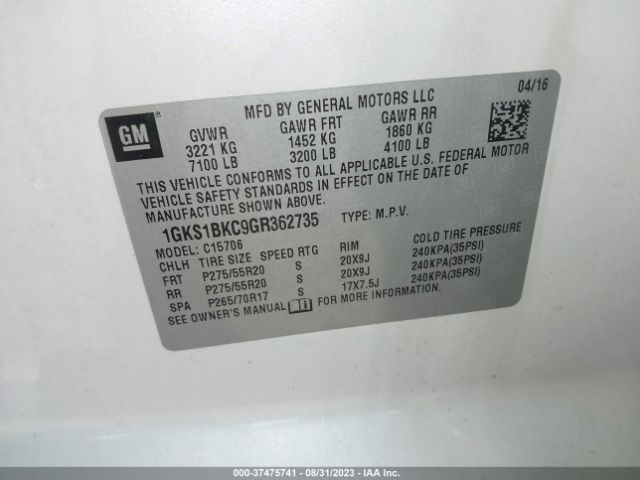 1GKS1BKC9GR362735 GMC YUKON SLT