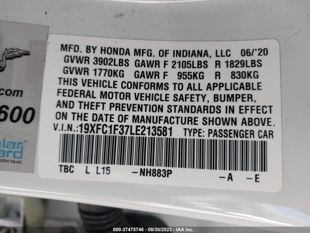 Honda CIVIC EX 2020 19XFC1F37LE213581 Image 9