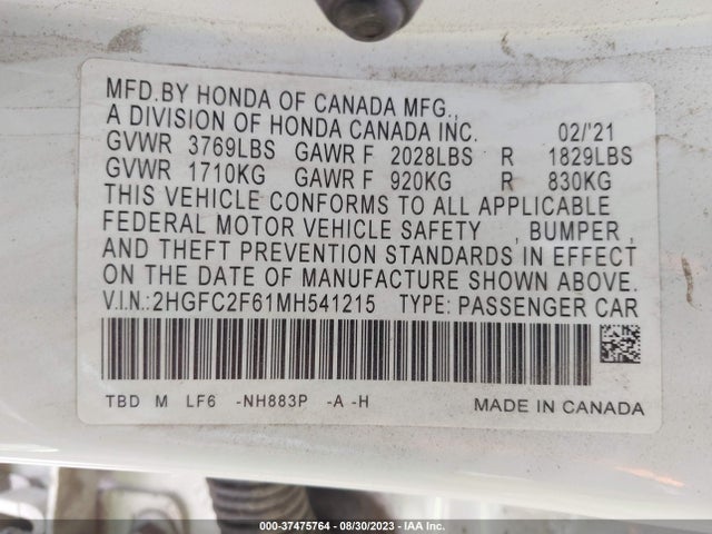Honda Civic Sedan Lx 2021 2HGFC2F61MH541215 Image 9