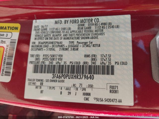 3FA6P0PUXHR379640 Ford Fusion Energi Se