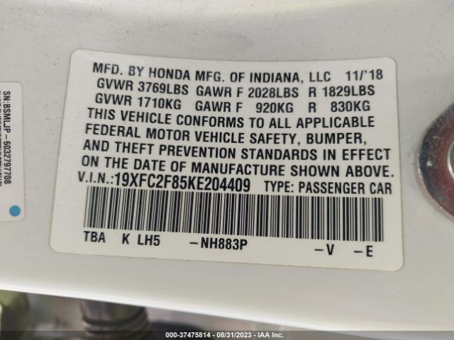 19XFC2F85KE204409 Honda Civic Sedan Sport