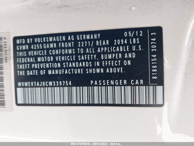 2012 VOLKSWAGEN GTI VIN: WVWEV7AJ0CW339754