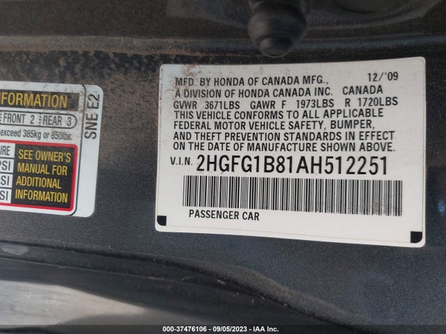 2010 HONDA CIVIC CPE EX VIN: 2HGFG1B81AH512251