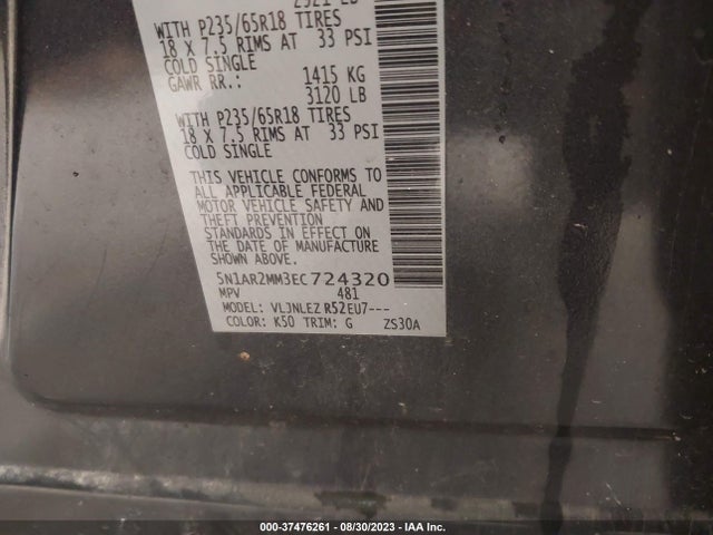 2014 Nissan Pathfinder Sv მანქანა იყიდება აუქციონზე, vin: 5N1AR2MM3EC724320, აუქციონის ნომერი: 37476261