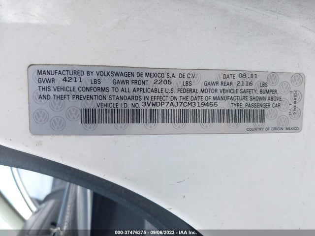 2012 VOLKSWAGEN JETTA SEDAN SE PZEV VIN: 3VWDP7AJ7CM319455