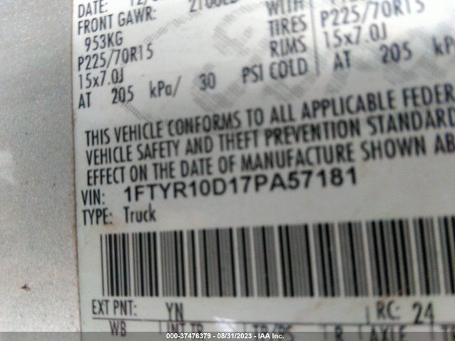 2007 FORD RANGER XL/STX/XLT VIN: 1FTYR10D17PA57181