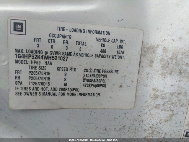 1998 BUICK LESABRE CUSTOM VIN: 1G4HP52K4WH521027