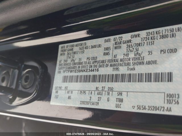 1FTFW1E59NKE34416 Ford F-150 Xl/xlt/lariat