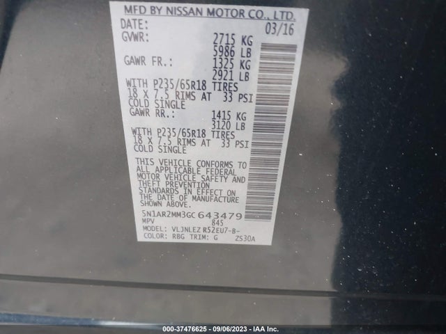 Aukcja sprzedaży 2016 Nissan Pathfinder Sv, vin: 5N1AR2MM3GC643479, numer aukcji: 37476625
