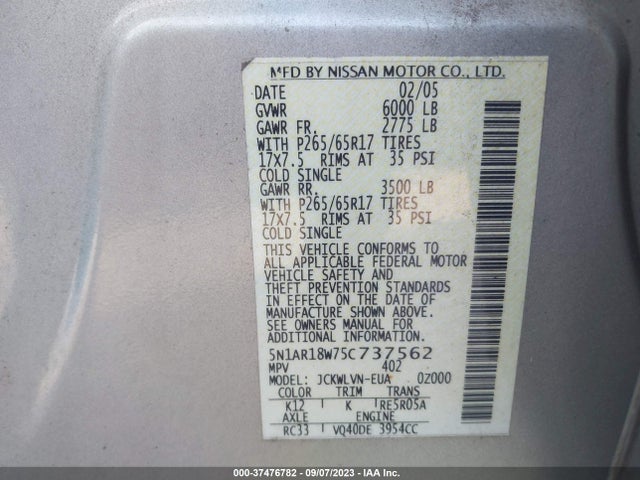 2005 NISSAN PATHFINDER LE VIN: 5N1AR18W75C737562