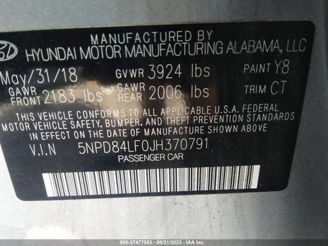 2018 HYUNDAI ELANTRA SEL VIN: 5NPD84LF0JH370791