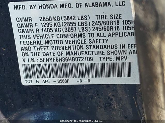 5FNYF6H36HB072109 Honda Pilot Ex