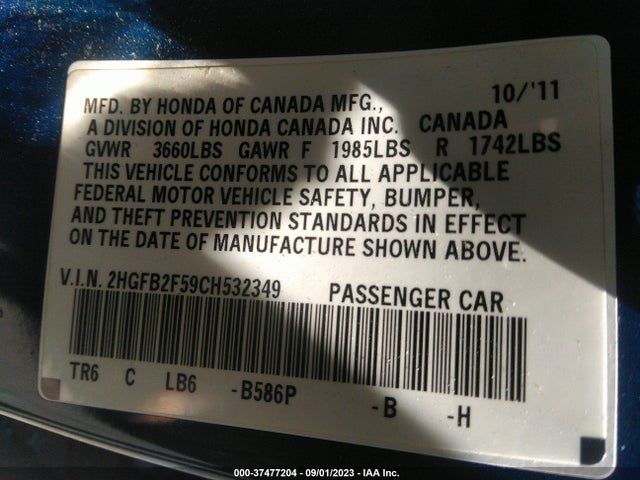 2012 HONDA CIVIC SDN LX VIN: 2HGFB2F59CH532349