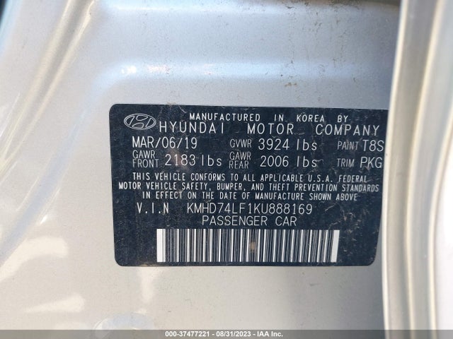2019 HYUNDAI ELANTRA SE VIN: KMHD74LF1KU888169