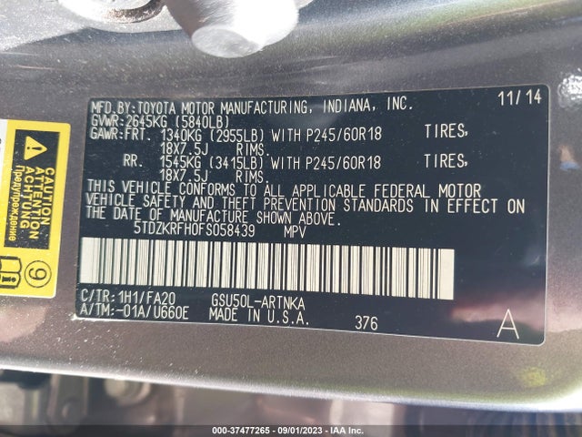 Toyota Highlander Le 2015 5TDZKRFH0FS058439 Image 9
