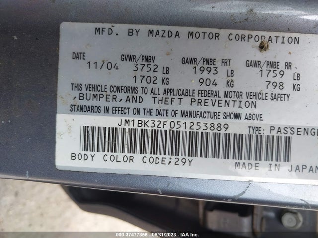 2005 MAZDA MAZDA3 I VIN: JM1BK32F051253889