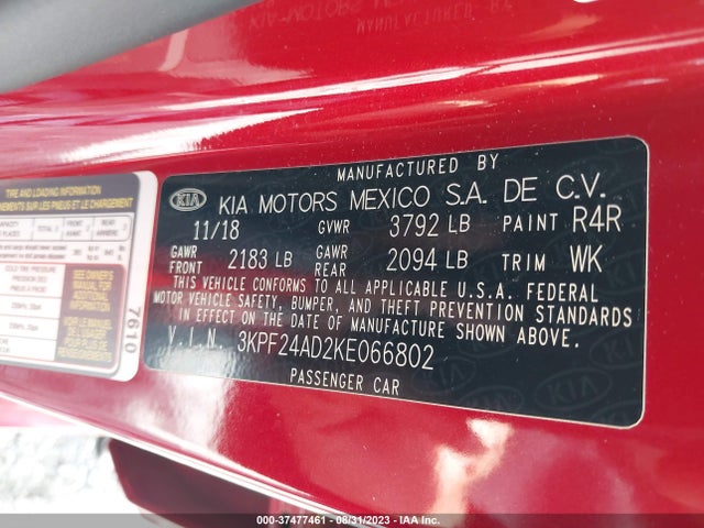 2019 KIA FORTE LXS VIN: 3KPF24AD2KE066802