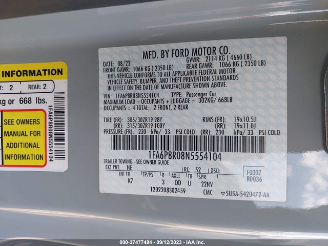 Ford Mustang Mach 1 2022 1FA6P8R08N5554104 Image 9