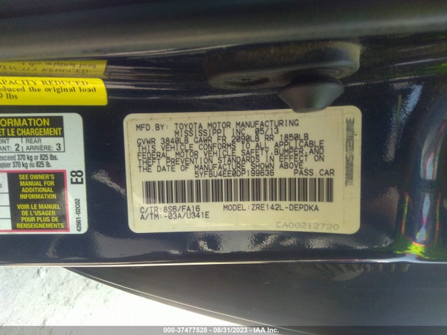 2013 TOYOTA COROLLA L/LE/S VIN: 5YFBU4EE0DP199636