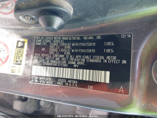 Toyota Highlander Limited 2015 5TDDKRFH4FS117065 Image 9