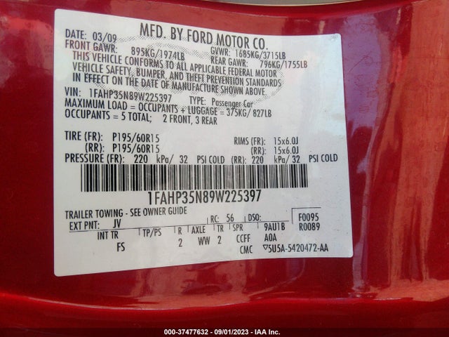2009 FORD FOCUS SE VIN: 1FAHP35N89W225397