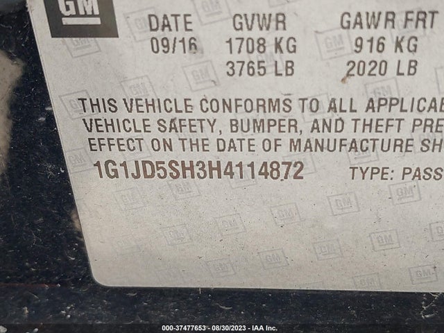 Chevrolet SONIC LT 2017 1G1JD5SH3H4114872 Image 9