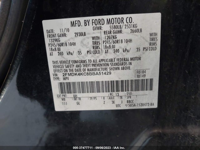2011 FORD EDGE LIMITED VIN: 2FMDK4KC8BBA51429